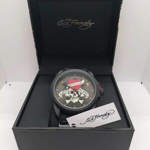 Ed Hardy Men’s Skull Print Dial Matte Black Silicone Strap Analog Watch New